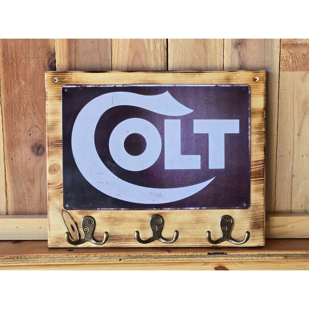 Colt Wooden Sign/ Key Holder, Burnt Rustic Finish, 3 Double Hooks, New Handmade